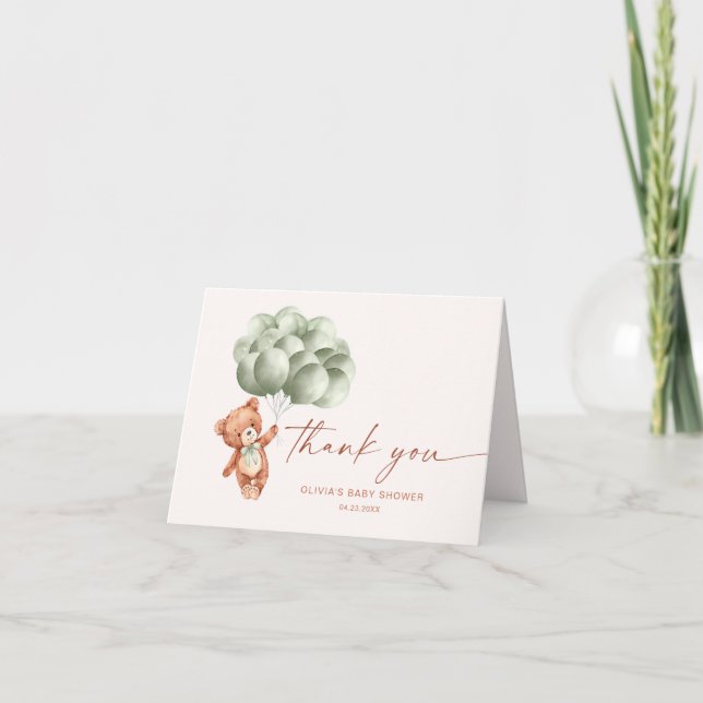 Sage Green Bear Balloons Baby Shower Thank You Card (Front)
