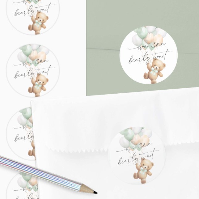 Sage Green Bearly wait Modern Gender Neutral Classic Round Sticker (Sage Green We Can Bearly Wait, Gender Neutral baby Shower Envelope Seals.)