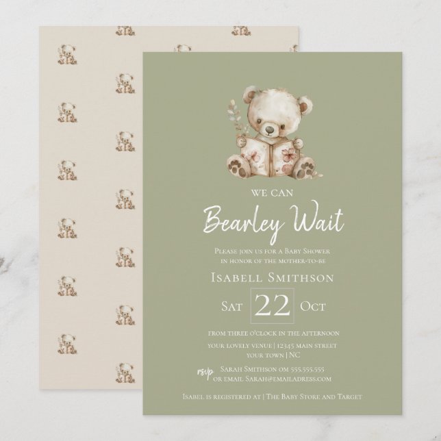 Sage Green Bearly Wait Storybook Bear Baby Shower  Invitation (Front/Back)