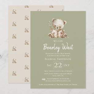 Sage Green Bearly Wait Storybook Bear Baby Shower  Invitation