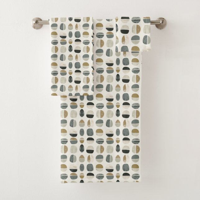 Sage Green & Beige Bohemian Style Abstract Bath Towel Set (Insitu)