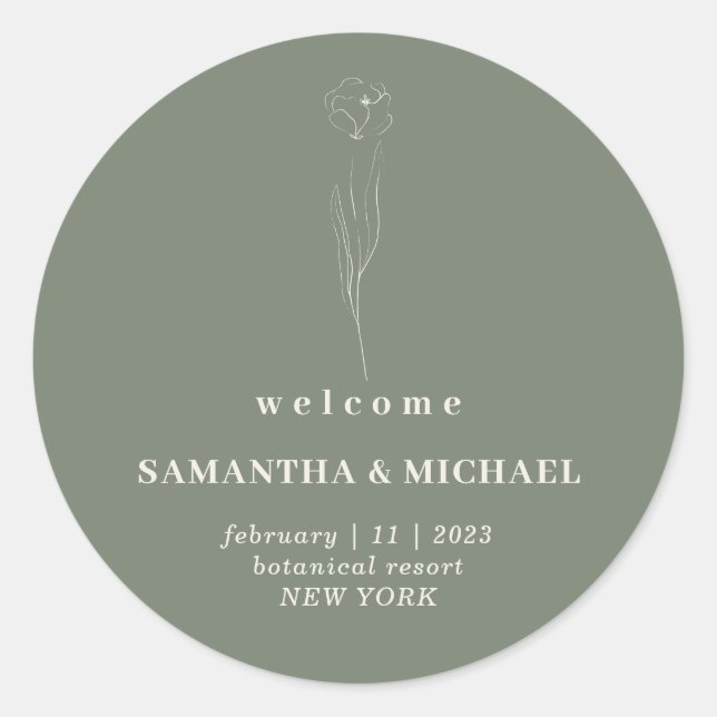 Sage Green Beige Flower Welcome Wedding Classic Round Sticker (Front)