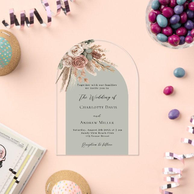 Sage green beige roses pampas arch clear wedding acrylic invitations (Insitu (Celebration))