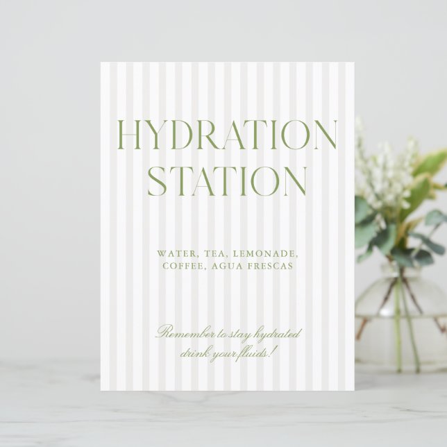 Sage Green & Beige Stripe Hydration Station Sign (Standing Front)