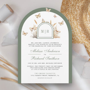 Sage Green Beige Wildflower Butterfly Arch Wedding Invitation