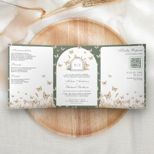 Sage Green Beige Wildflower Butterfly Arch Wedding Tri-Fold Invitation