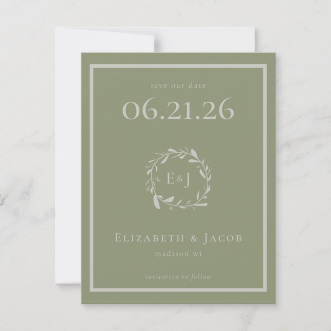 Sage Green Berries and Leaves Save the Date (Front)