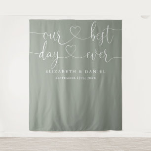 Sage Green Best Day Ever Heart Script Wedding Tapestry