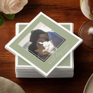 Sage Green Best Day Ever Photo Wedding Cocktail Napkin