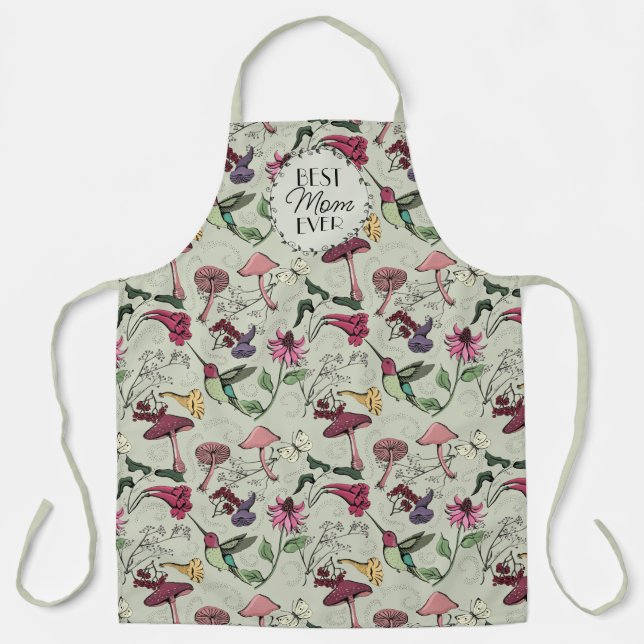 Sage Green Best Mum Ever Flowers & Hummingbird Apron (Front)