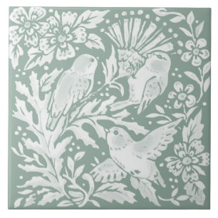 Sage Green Birds Thistle Nature Scene Ceramic Tile