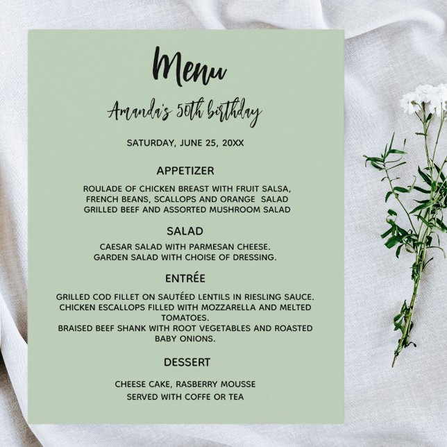 Sage green birthday party menu (Creator Uploaded)
