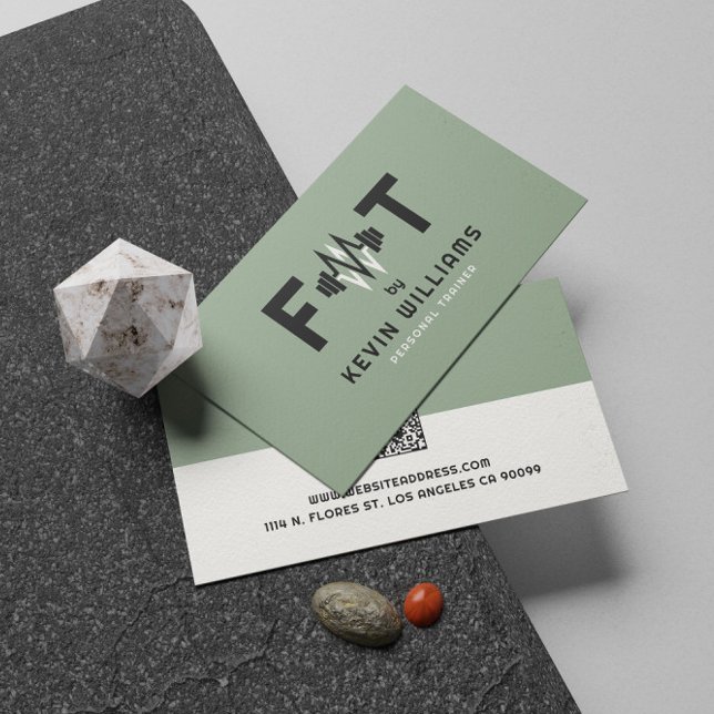 Sage Green, Black and White Fitness Trainer Business Card (Creator Uploaded)