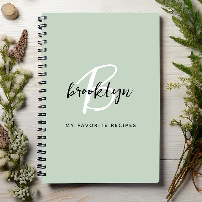 Sage Green Black and White Monogram Recipe Book (Creator Uploaded)