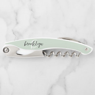 Sage Green Black and White Script Monogram Corkscrew