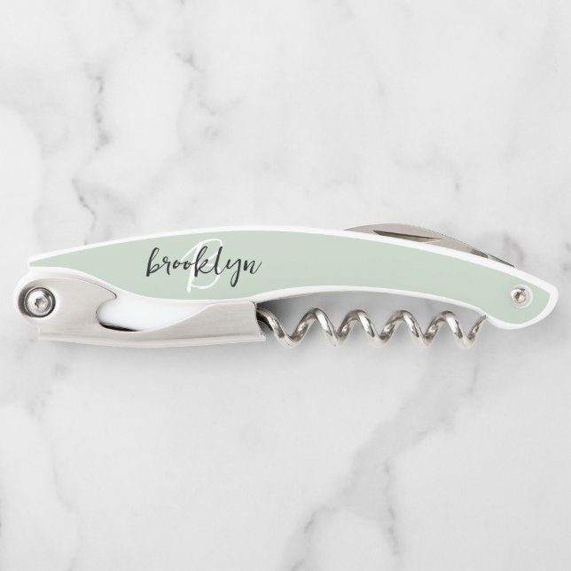 Sage Green Black and White Script Monogram Corkscrew (Front)