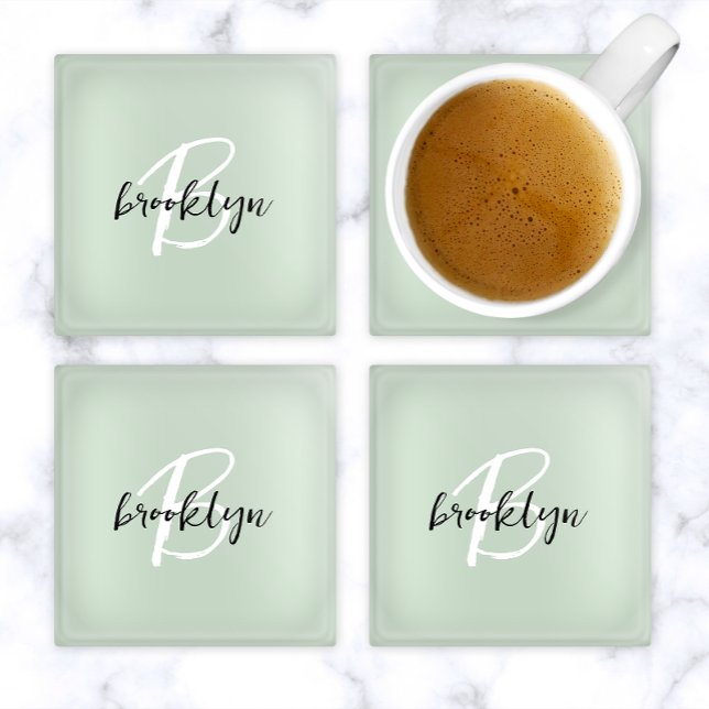 Sage Green Black and White Script Monogram  Glass Coaster (Creator Uploaded)