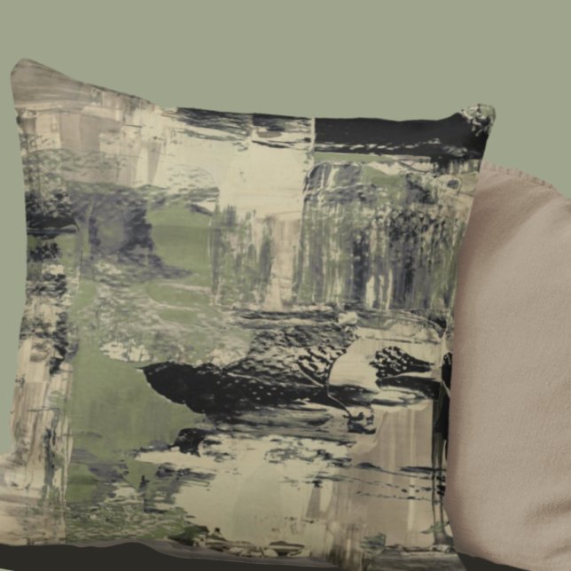 Sage Green & Black Artistic Abstract Painting Cushion (Creator Uploaded)
