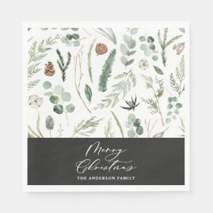 Sage green black Christmas minimal botanical Napkin