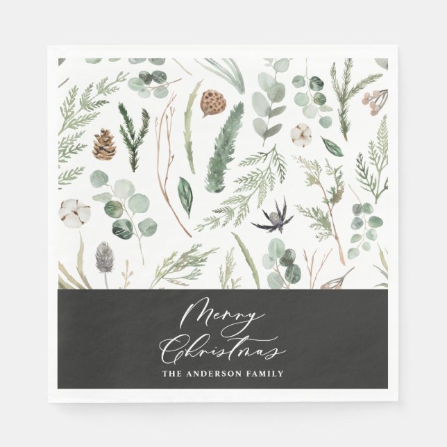 Sage green black Christmas minimal botanical Napkin (Front)