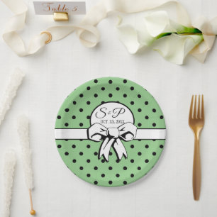 Sage Green Black Dots White Bow Personalised Paper Plate