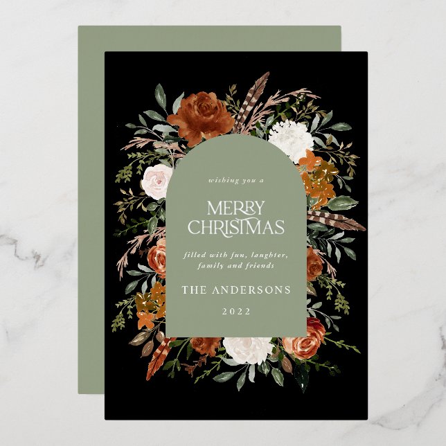 Sage green black floral arch modern Christmas Foil Holiday Card (Front/Back)