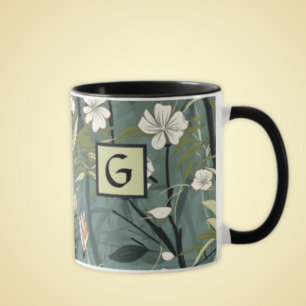 Sage Green Black Floral Japanese Style Monogram  Mug