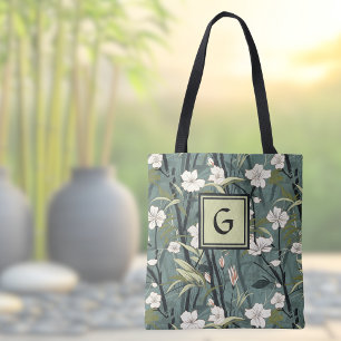 Sage Green Black Floral Japanese Style Monogram  Tote Bag