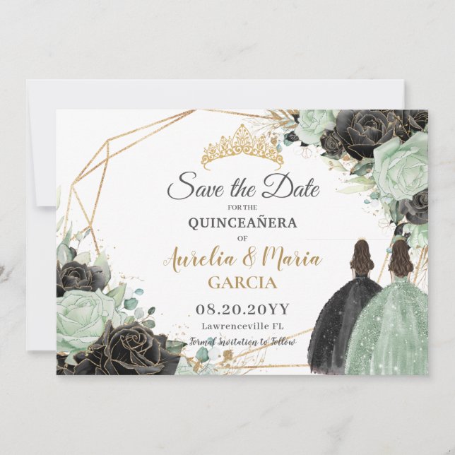 Sage Green Black Floral Twins XV Quinceañera Save The Date (Front)
