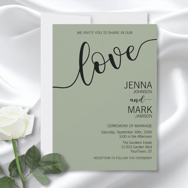 Sage Green Black Love Script Minimalist Wedding Invitation (Creator Uploaded)