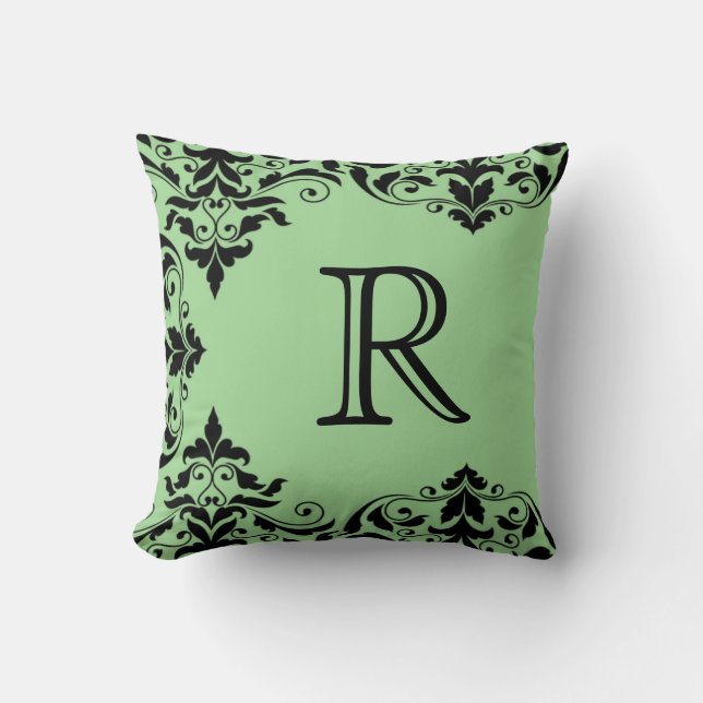 Sage Green & Black Monogram Damask Pillow (Front)