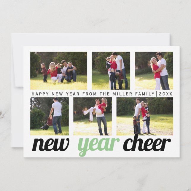 Sage, green black New Year Cheer six photo collage Holiday Card (Front)
