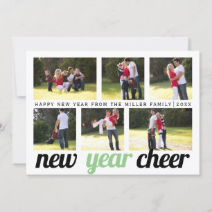 Sage, green black New Year Cheer six photo collage Holiday Card