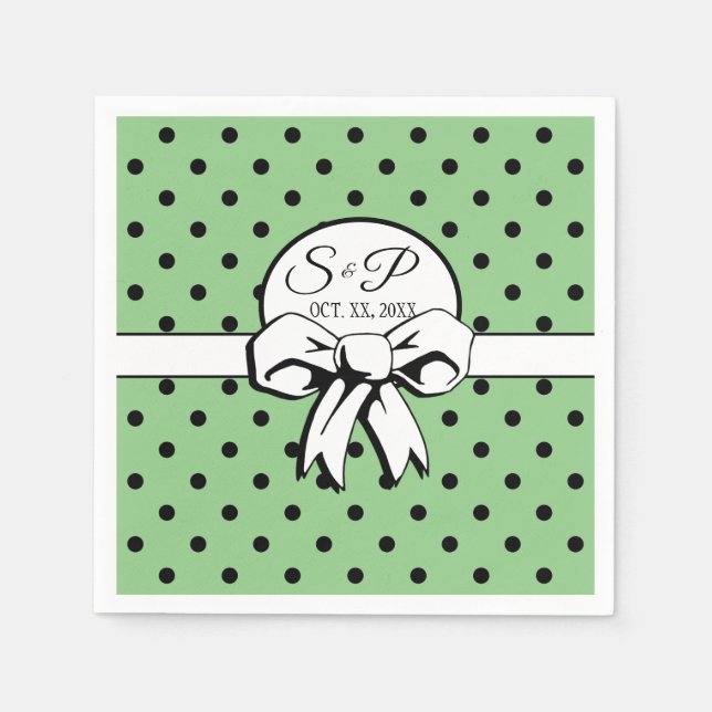 Sage Green & Black Polka Dot White Bow Personalise Napkin (Front)
