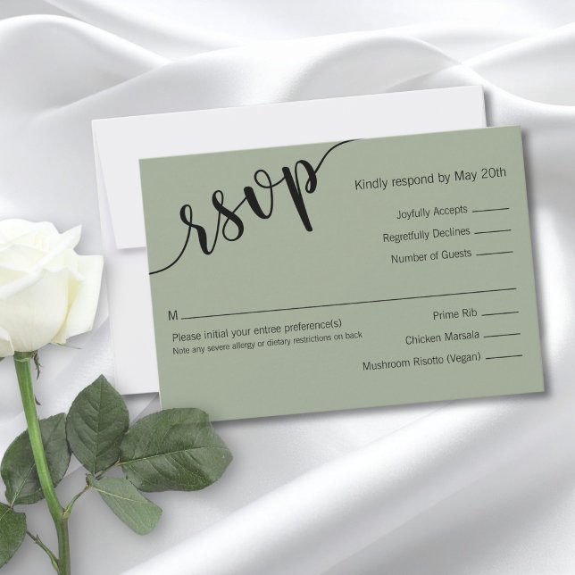 Sage Green Black Script Minimalist Response Card (Creator Uploaded)