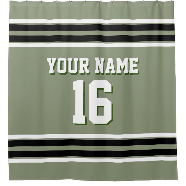 Sage Green Black White Stripes Sports Jersey Shower Curtain (Front)