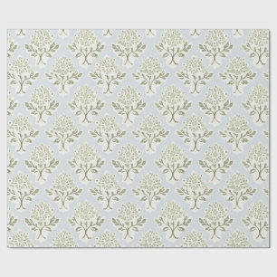 Sage Green Block Print Floral on Light Blue Wrapping Paper