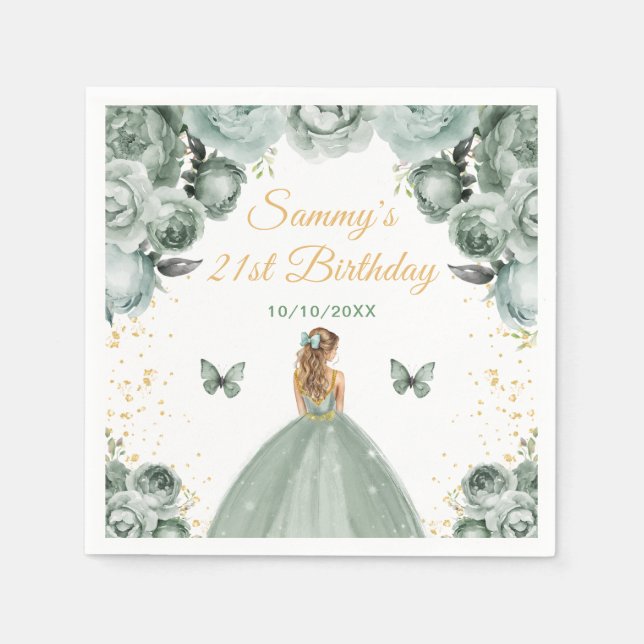 Sage Green Blonde Hair Princess Birthday Party Napkin (Front)