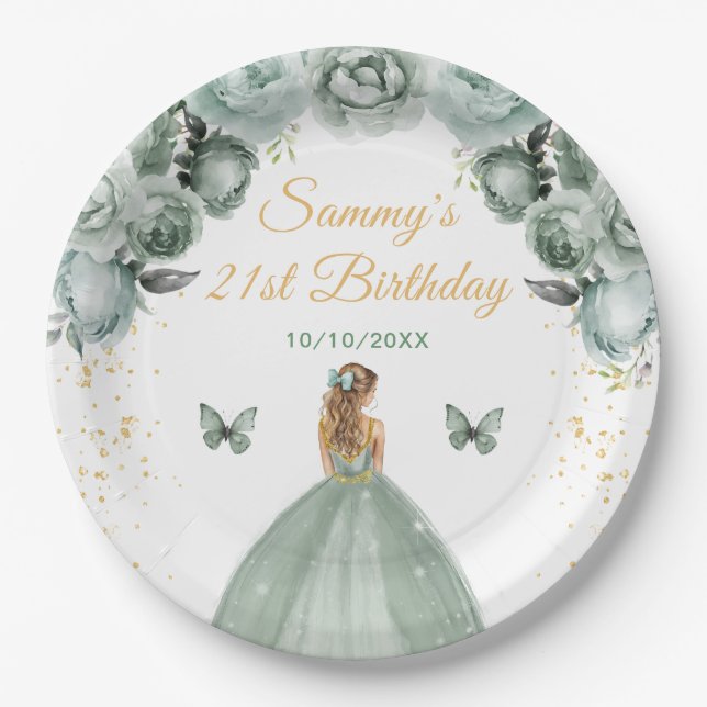 Sage Green Blonde Hair Princess Birthday Party Paper Plate (Front)
