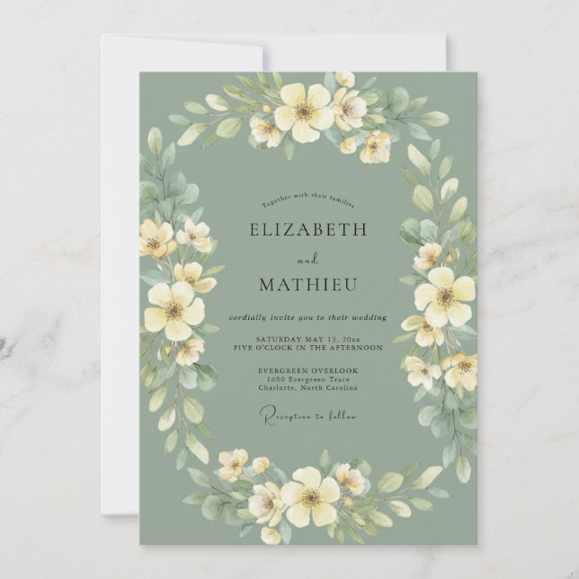 Sage Green Bloom Wreath Wedding Invitation (Front)