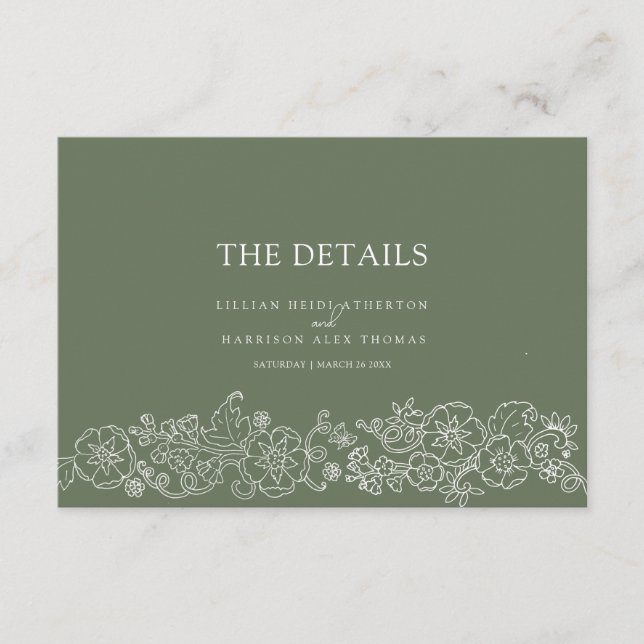 Sage green blossom butterflies wedding details  enclosure card (Front)