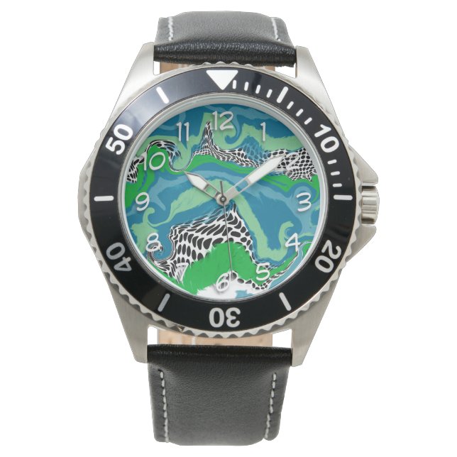 Sage Green, Blue, Black and White Abstract Fluid   Watch (Front)