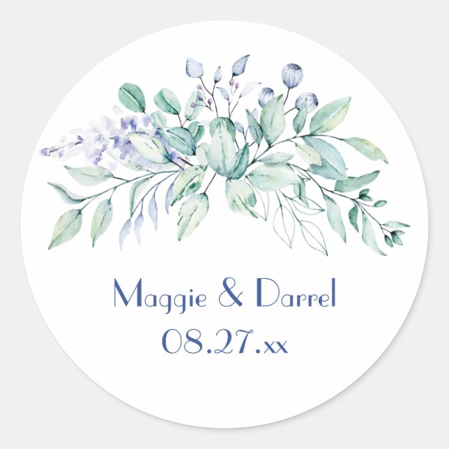 Sage Green & Blue Greenery Wedding Monogram Classic Round Sticker (Front)