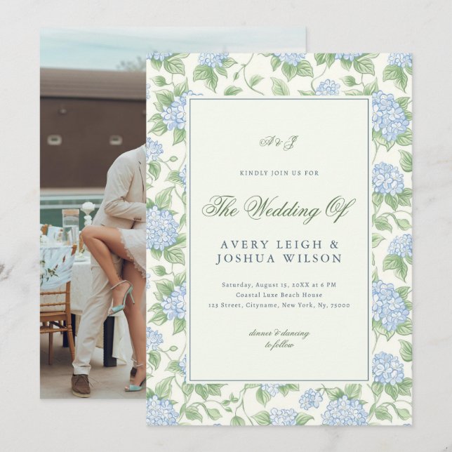 Sage Green Blue Hydrangea Monogram Garden Wedding Invitation (Front/Back)