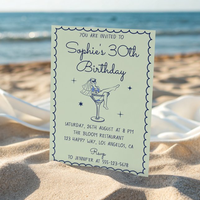 Sage Green & Blue Martini Glass 30th Birthday Invitation (Creator Uploaded)