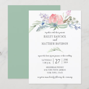 Sage Green Blue Pink Flowers Greenery Wedding Invitation