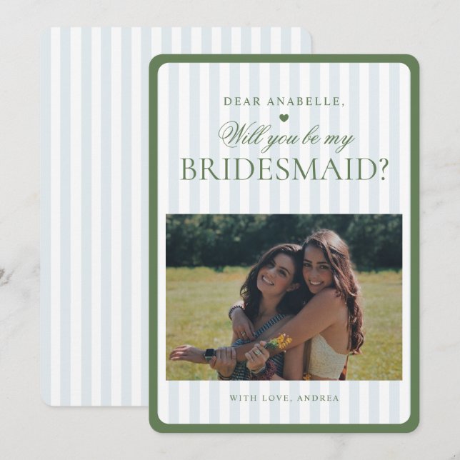 Sage Green & Blue Stripes Bridesmaid Proposal Card (Front/Back)