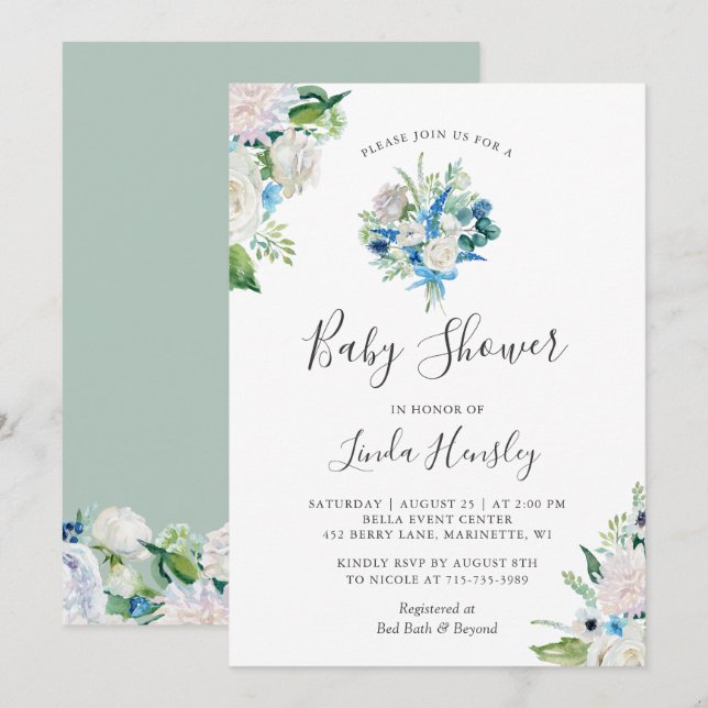 Sage Green Blue White Floral Bouquet Baby Shower Invitation (Front/Back)