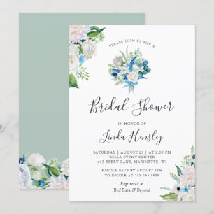 Sage Green Blue White Floral Bouquet Bridal Shower Invitation