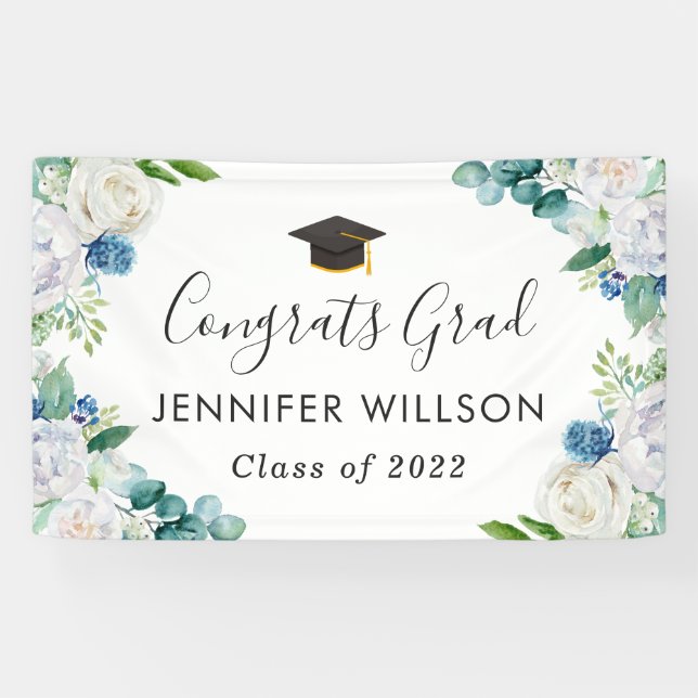 Sage Green Blue White Floral Graduation Party Banner (Horizontal)